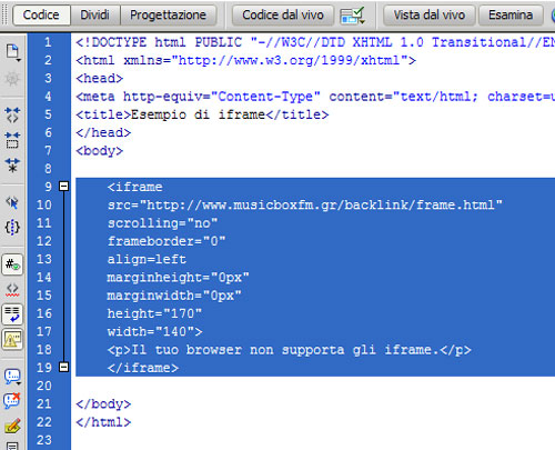 HTML iframe che permette di integrare una pagina web